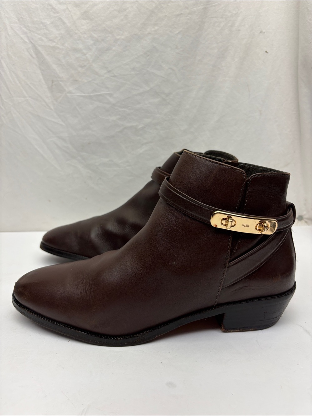 Coach Coleen Leather Ankle Boots with Gold Buckle, size 8, box 74